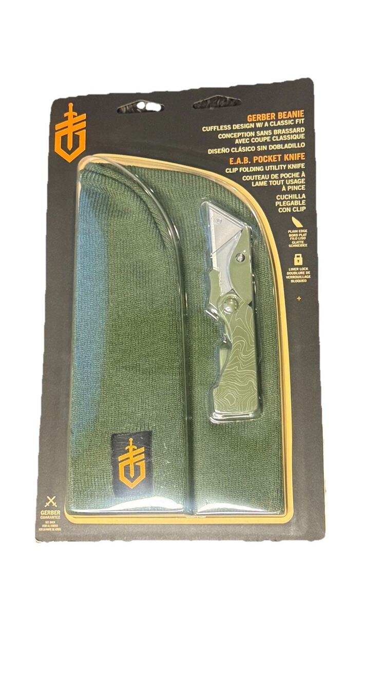 Gerber E.A.B. Stainless Steel Pocket Utility Knife in Olive Topo With Beanie New